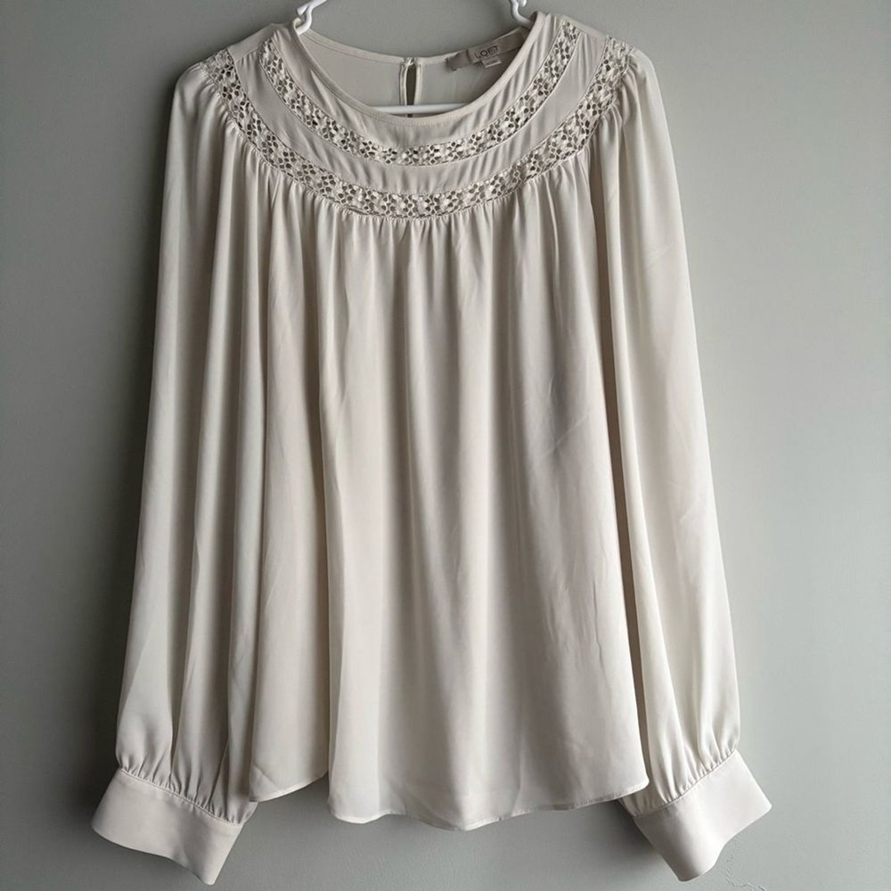 LOFT XL Ivory Lace Yoke Blouse Long Sleeve Flowy Top